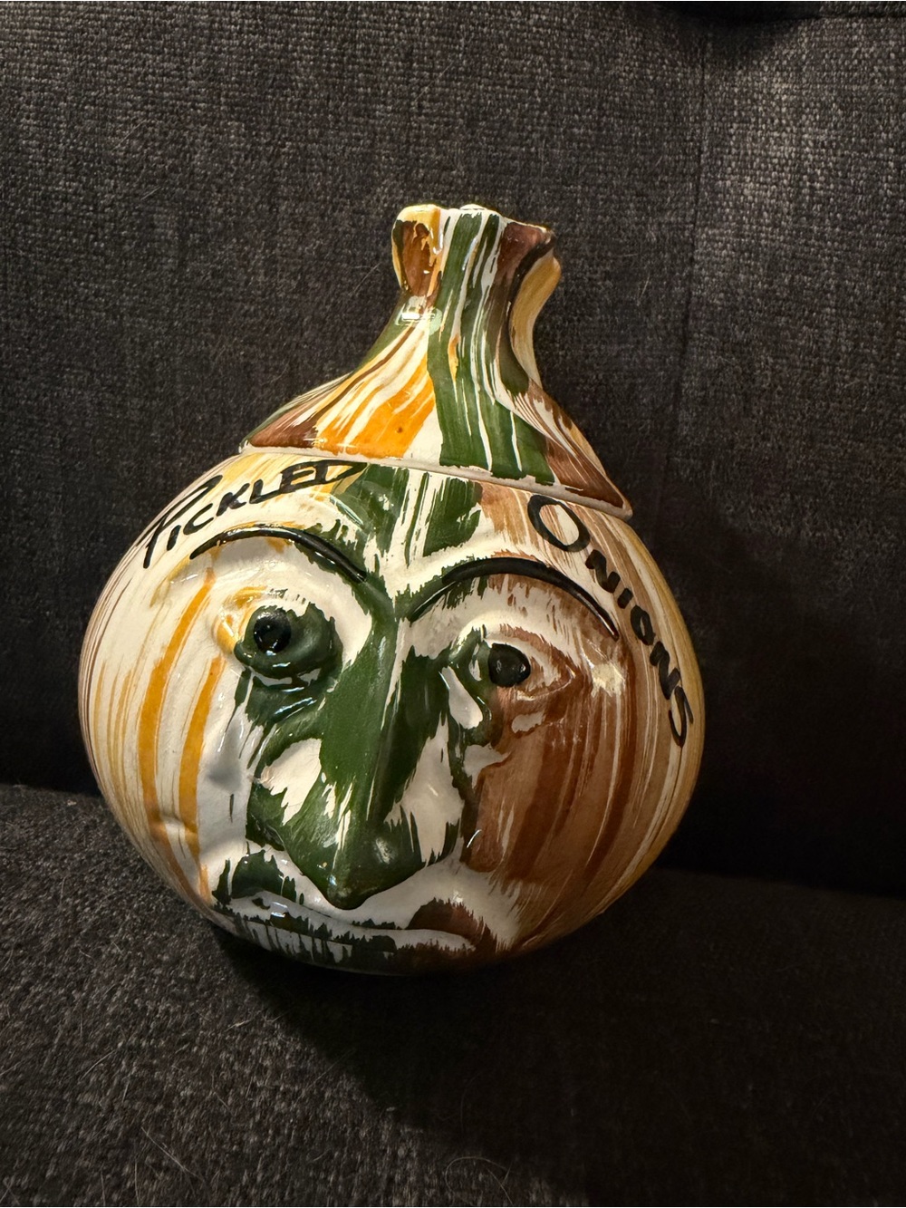 Vintage Pickled Onions anthropomorphic Ceramic Jar in Green, Brown, and Yellow